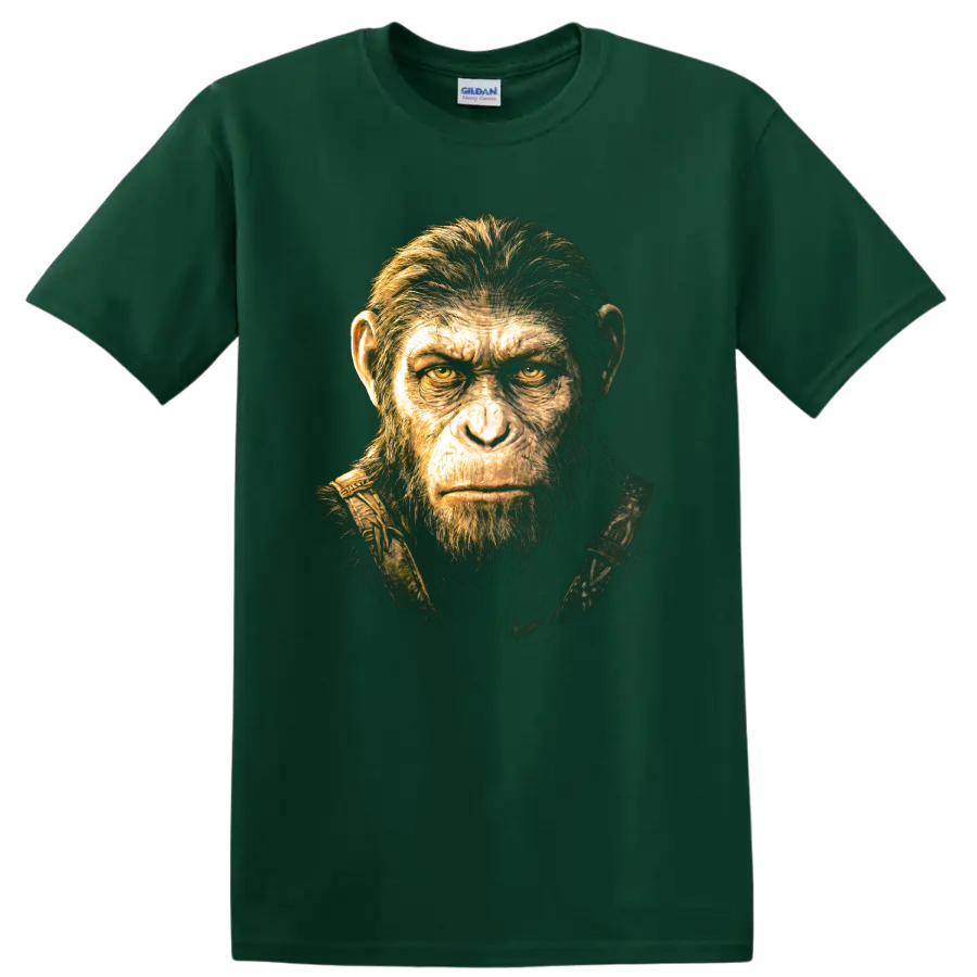 Caesar from Planet of the Apes cinematic ape portrait graphic on a Forest Green T Shirt