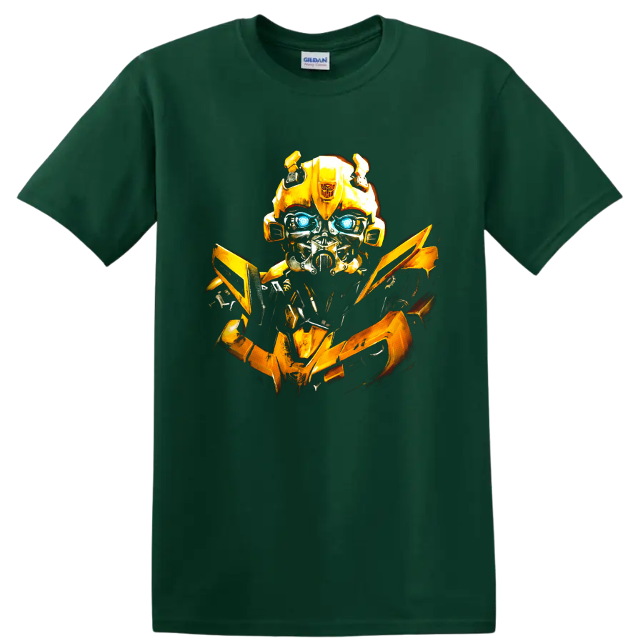 Bumblebee yellow robot graphic with glowing blue eyes on a Forest Green T Shirt