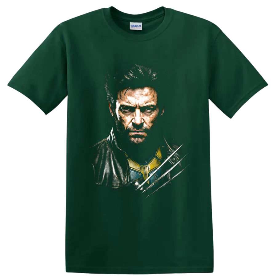 Gritty Logan Wolverine portrait with three extended claws on a Forest Green T Shirt