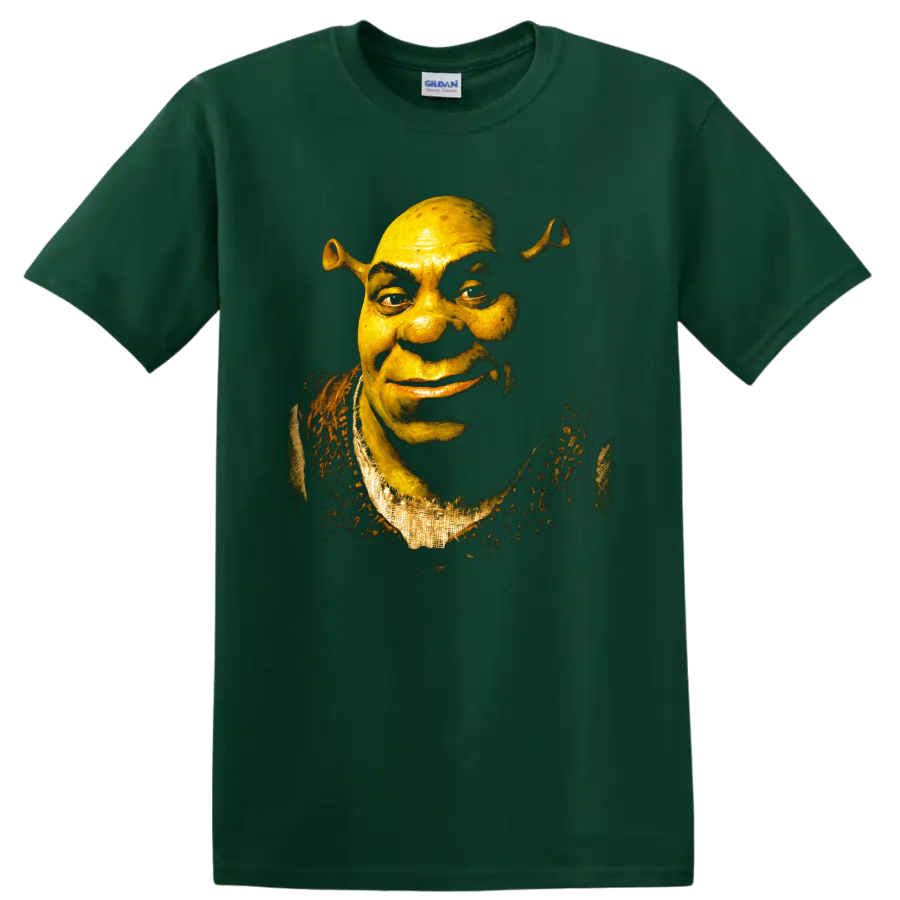 Shrek green ogre close-up portrait in dark fantasy graphic style on a Forest Green T Shirt