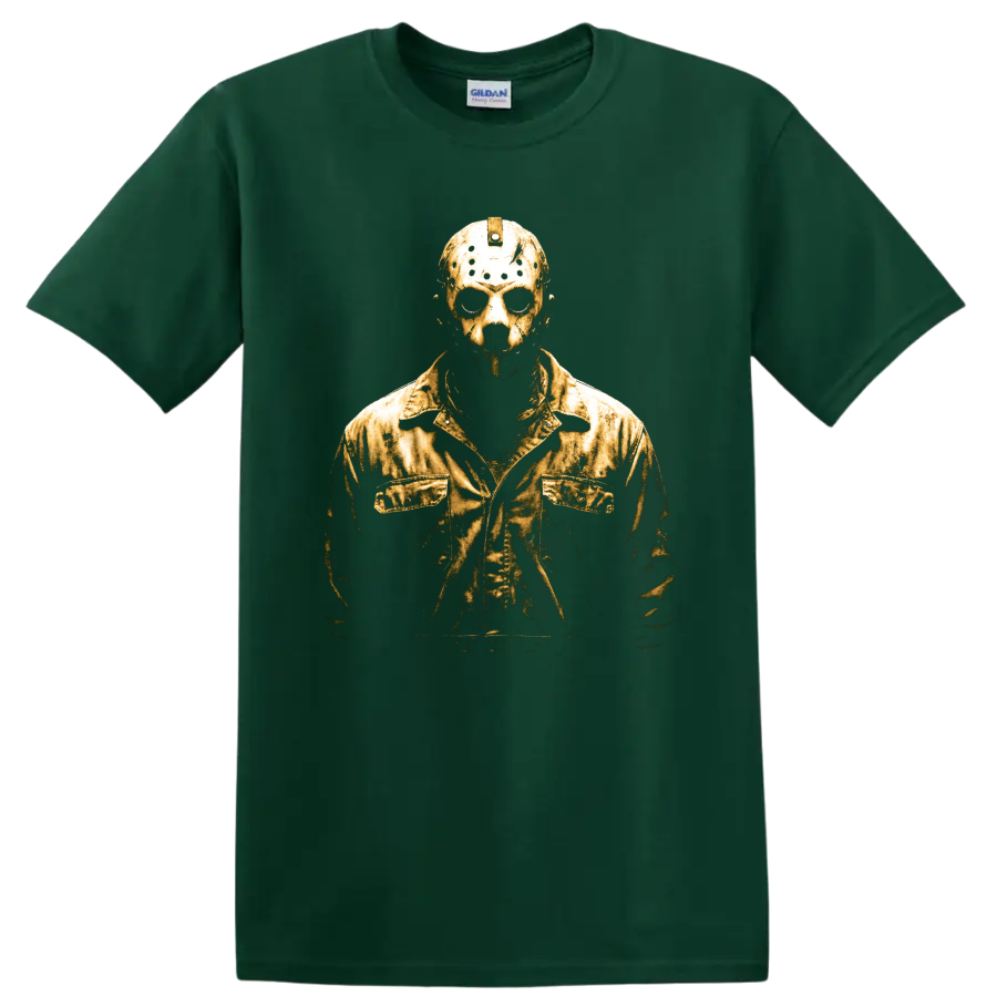 Jason Voorhees distressed gold masked portrait graphic on a Forest Green T Shirt