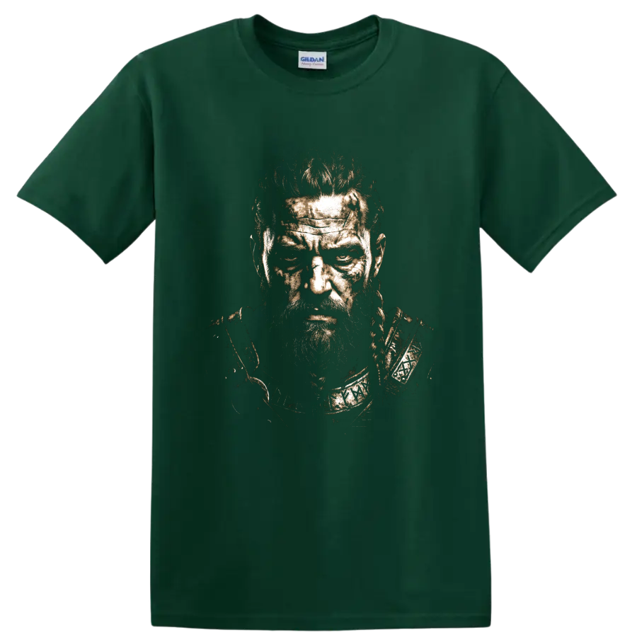 Ragnar Lothbrok distressed Norse warrior portrait graphic on a Forest Green T Shirt