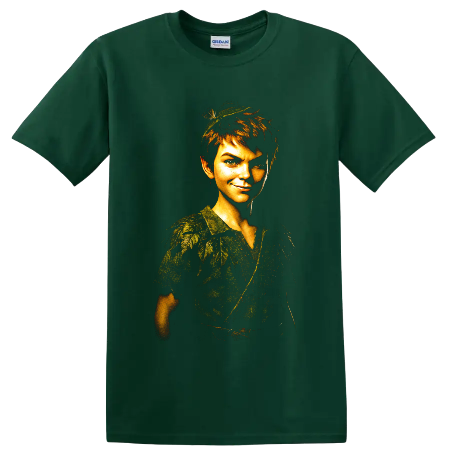 Peter Pan fantasy forest boy portrait graphic print on a Forest Green T Shirt