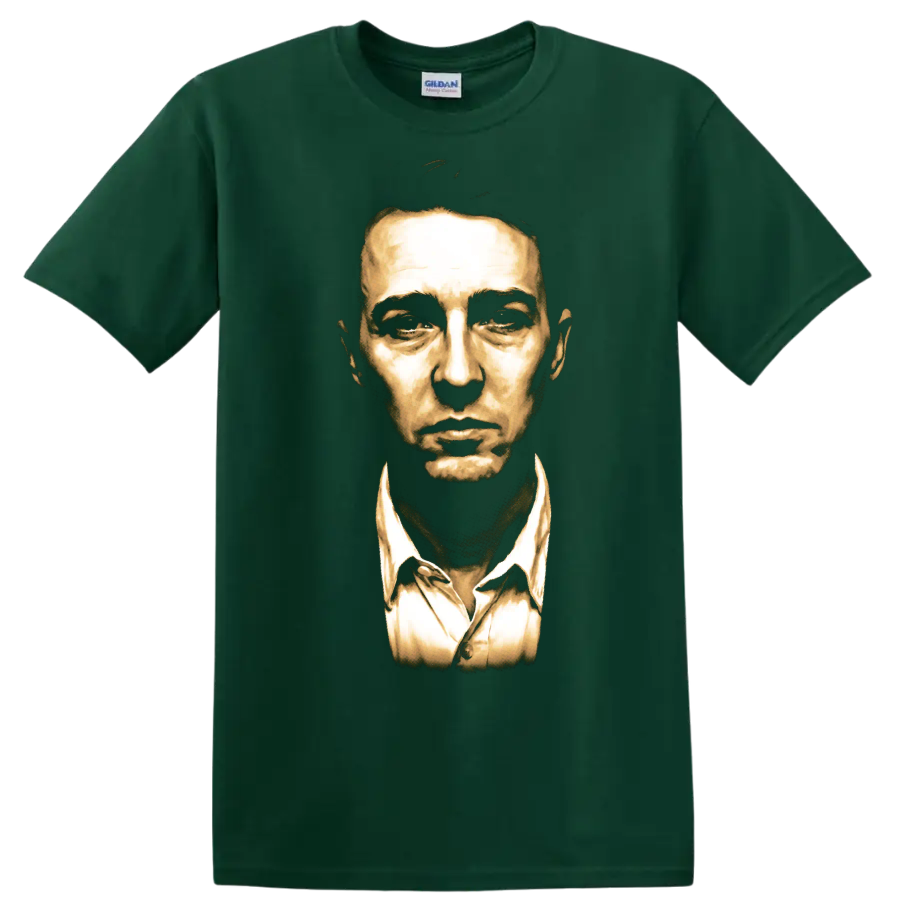 Edward Norton as The Narrator in a dramatic golden Fight Club portrait on a Forest Green T Shirt