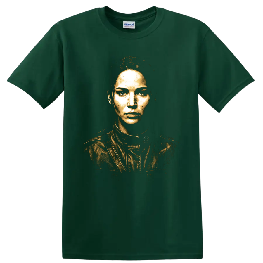 Katniss Everdeen distressed gold portrait graphic print on a Forest Green T Shirt