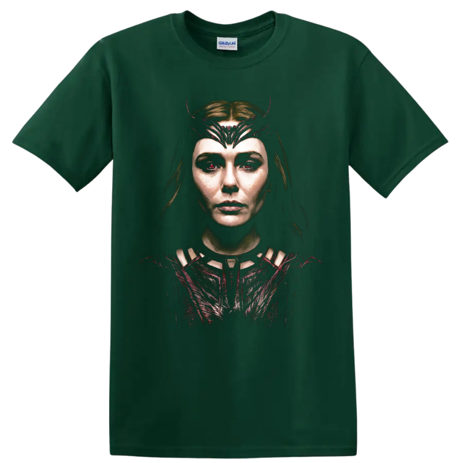 Scarlet Witch dark cinematic portrait with crimson crown on a Forest Green T Shirt