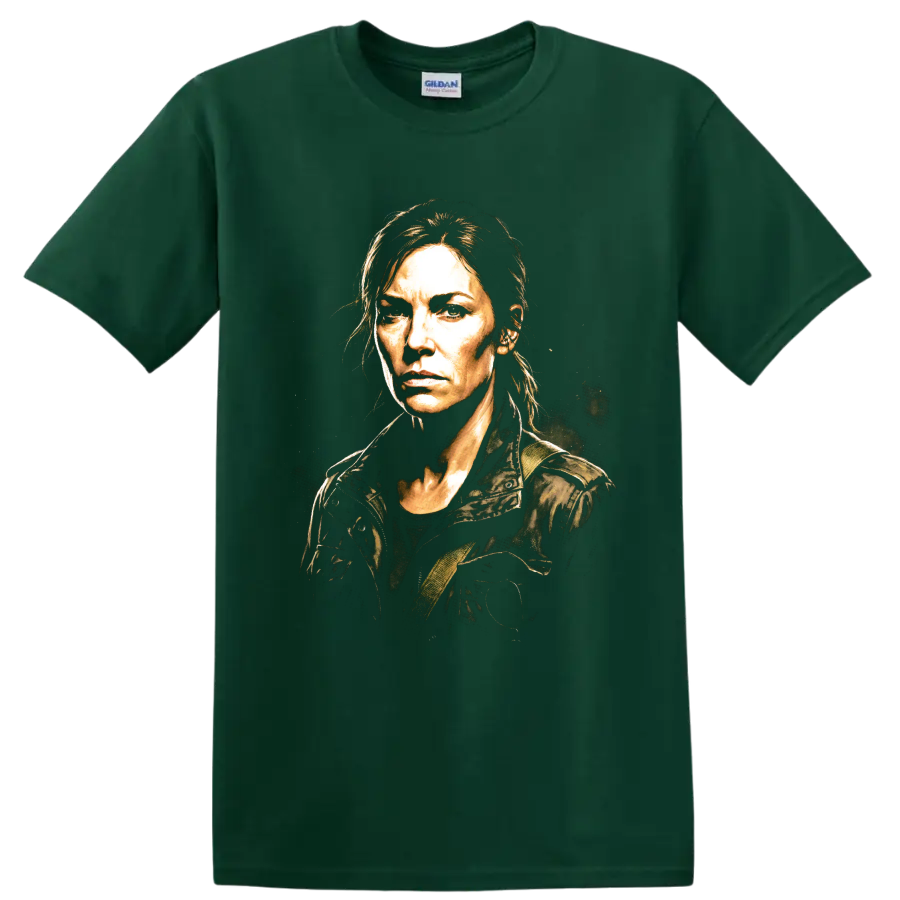 Maggie Greene gritty painterly character portrait from The Walking Dead on a Forest Green T Shirt