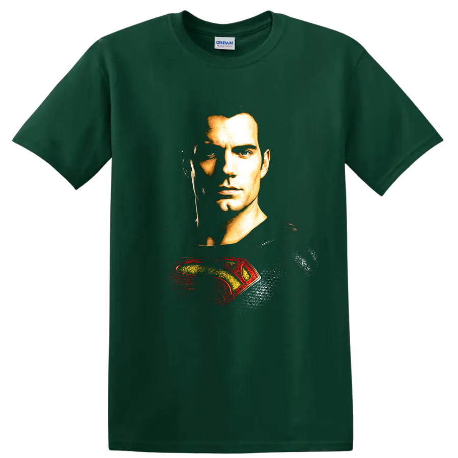 Superman portrait with red and gold emblem graphic on a Forest Green T Shirt
