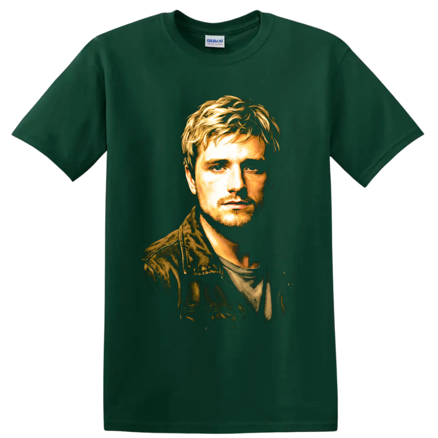 Peeta Mellark painterly cinematic portrait on a Forest Green T Shirt