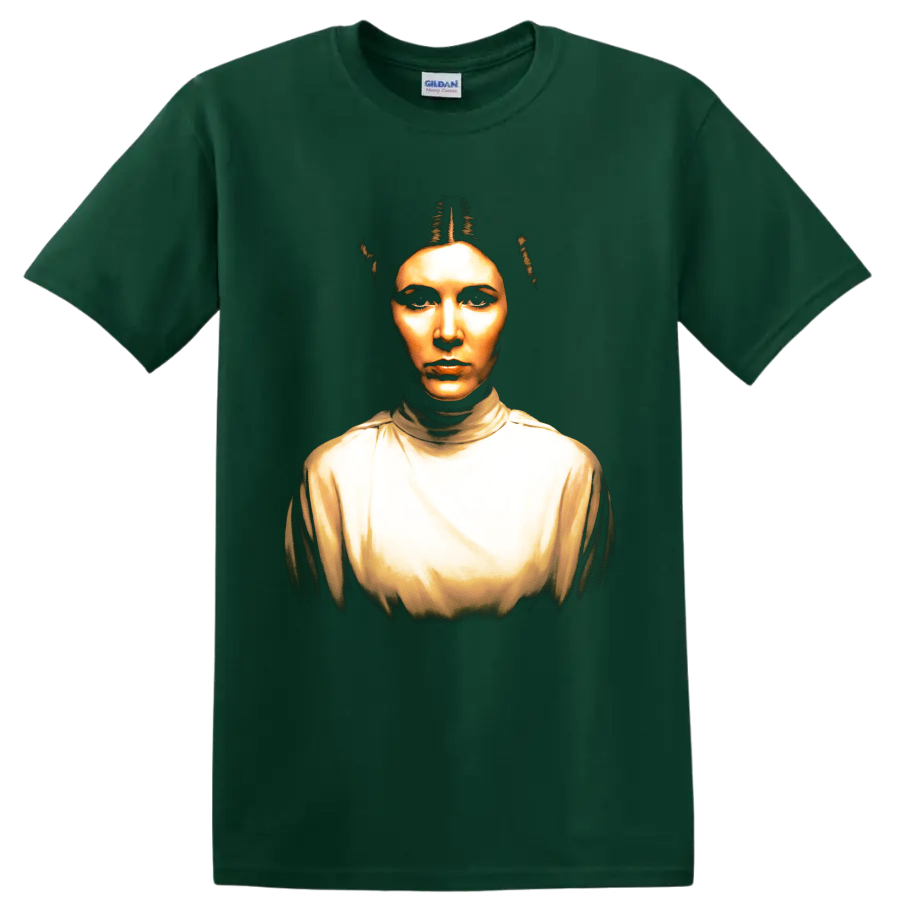 Princess Leia Organa portrait in golden cinematic style on a Forest Green T Shirt