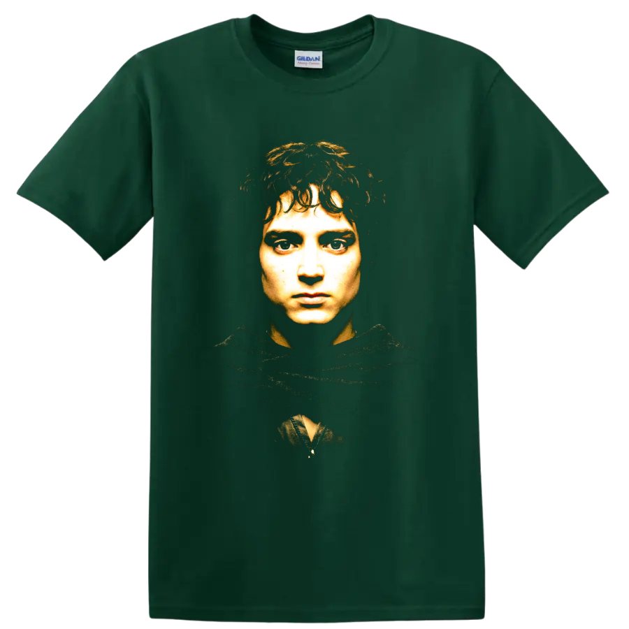 Frodo Baggins fantasy portrait in a shadowed hood on a Forest Green T Shirt
