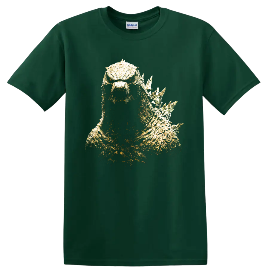 Godzilla Minus One distressed monster portrait with glowing eyes and dorsal spines on a Forest Green T Shirt