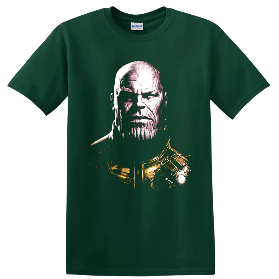 Thanos portrait graphic with gold armor in a gritty comic-art style on a Forest Green T Shirt