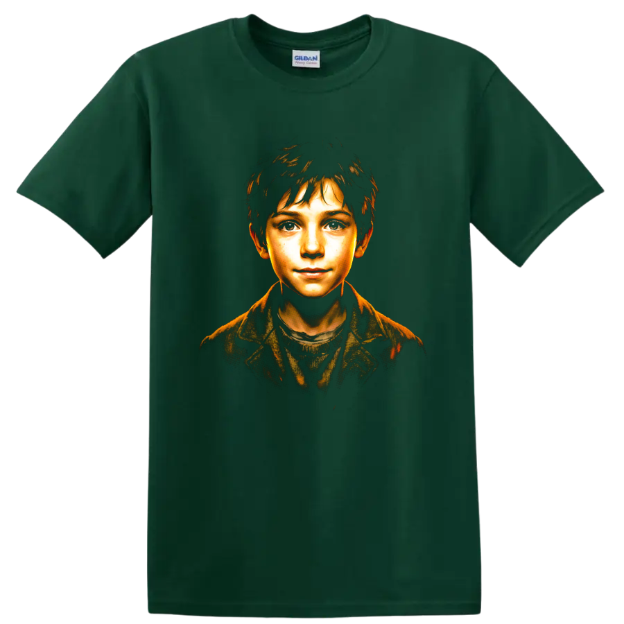 Sebastien portrait from Belle and Sebastian in warm cinematic illustrated style on a Forest Green T Shirt