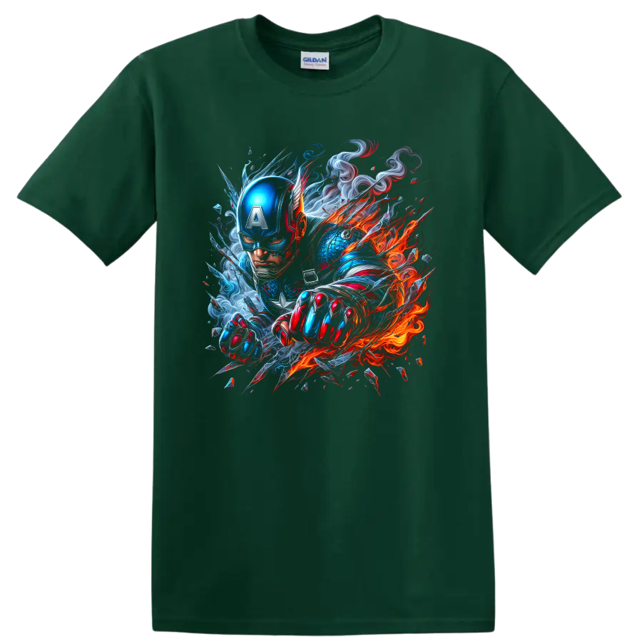 Captain America fiery action graphic with blue armor, red details, smoke, and flames on a Forest Green T Shirt