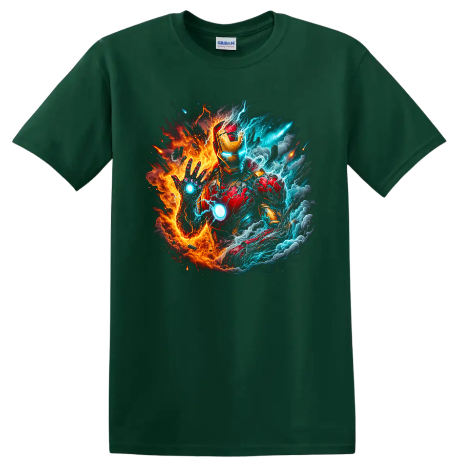 Iron Man in fiery red and gold armor with blue lightning comic battle art on a Forest Green T Shirt