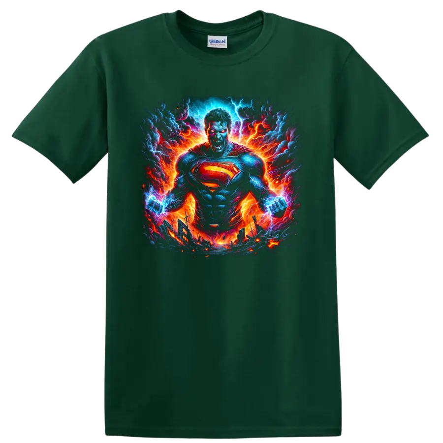 Superman in fiery lightning storm comic art with glowing chest shield on a Forest Green T Shirt