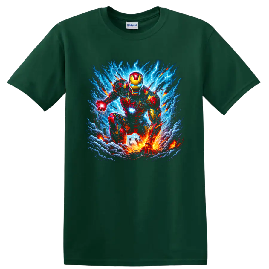 Iron Man armored superhero charging through lightning storm action artwork on a Forest Green T Shirt