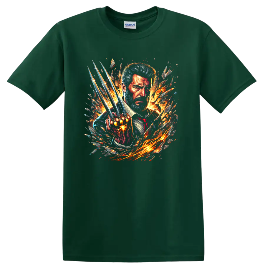 Old Man Logan Wolverine portrait with extended claws, flames, and shattered comic art on a Forest Green T Shirt