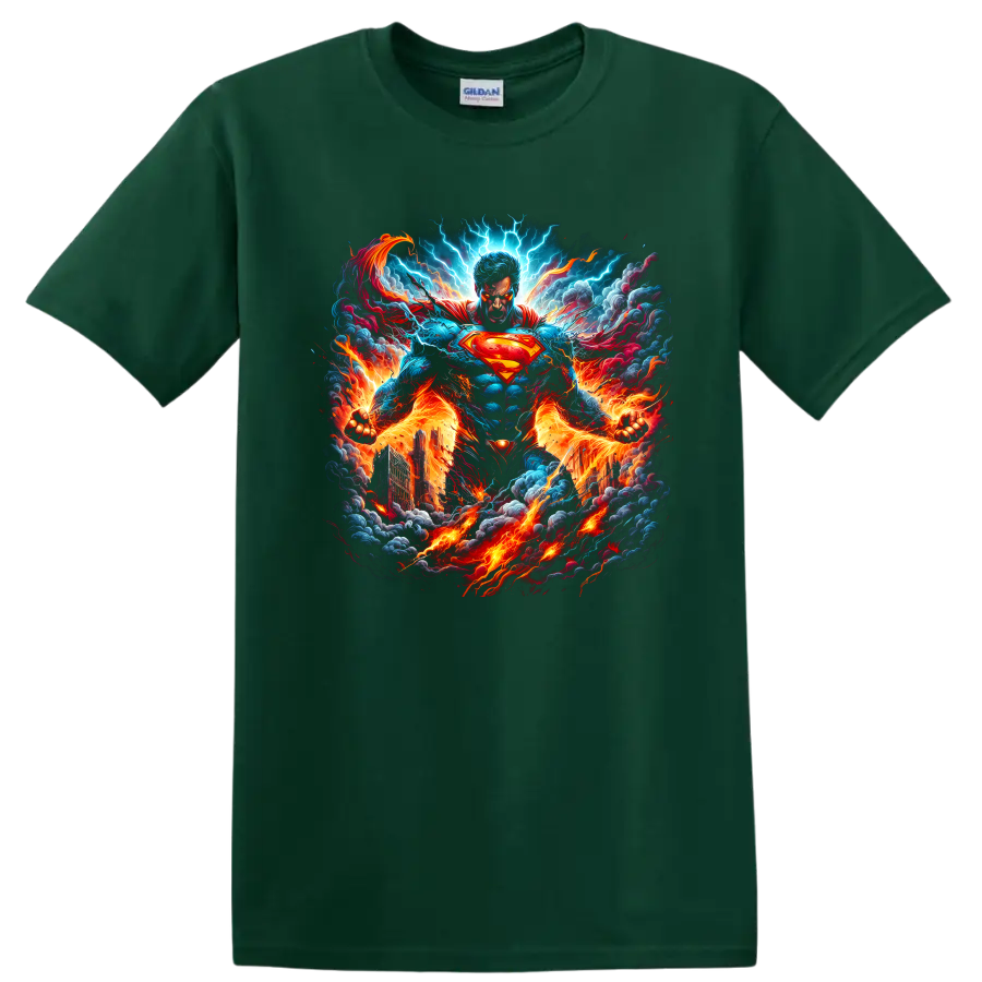 Superman comic-style art with lightning, flames, smoke, and a blazing cityscape on a Forest Green T Shirt