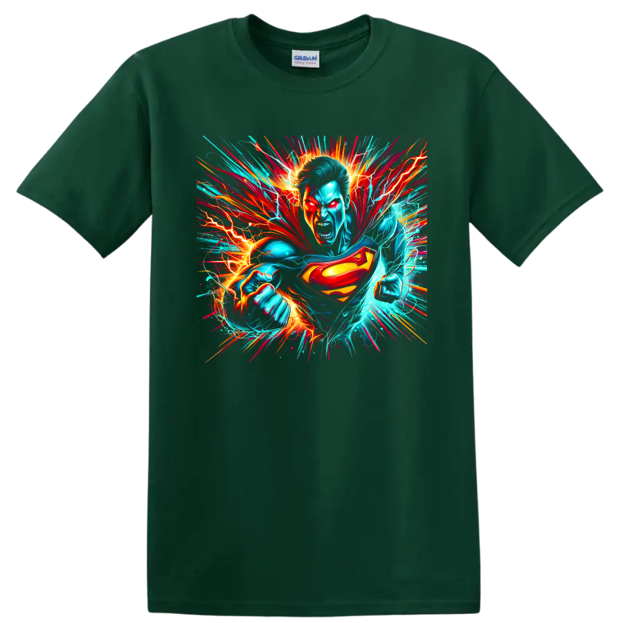 Superman neon lightning comic action graphic with cape, shield, and clenched fists on a Forest Green T Shirt