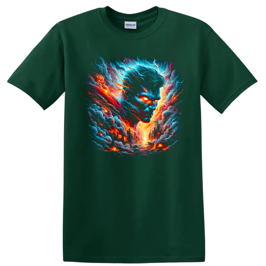 Superman cosmic storm portrait with glowing eyes, electric clouds, and fiery city on a Forest Green T Shirt