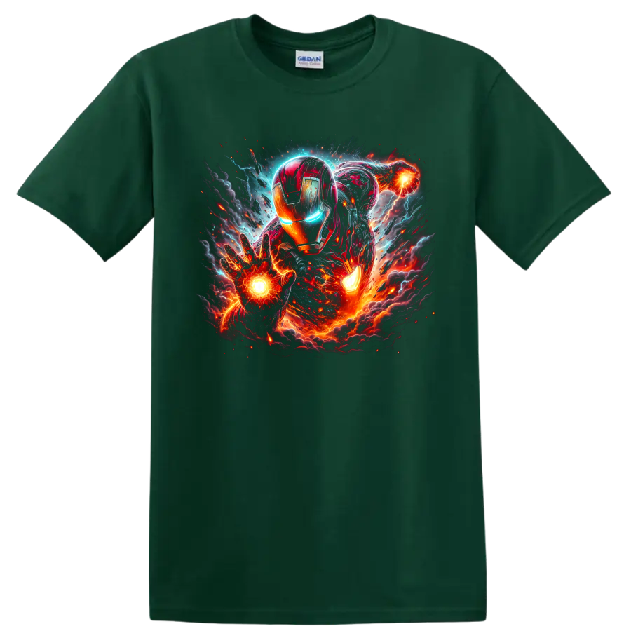 Iron Man in glowing red-and-gold armor with arc reactor and cosmic battle energy on a Forest Green T Shirt