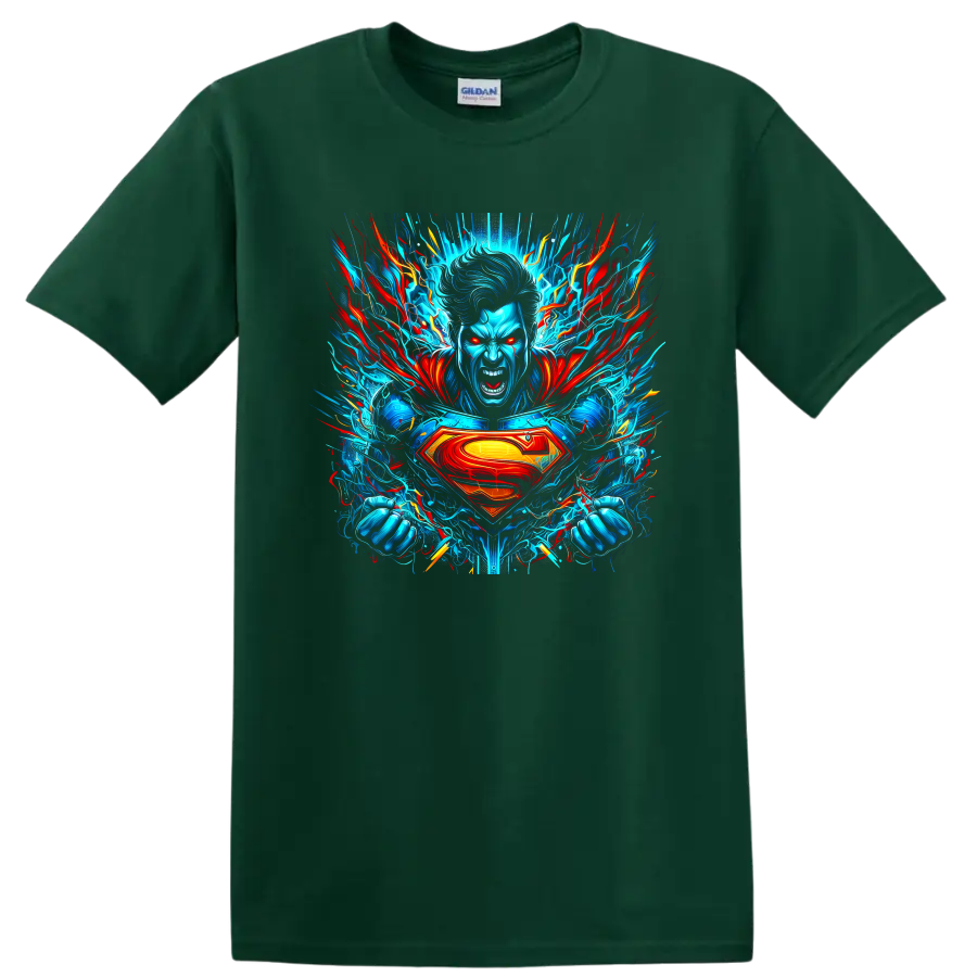 Superman electric blue and red energy burst comic hero graphic with S shield on a Forest Green T Shirt