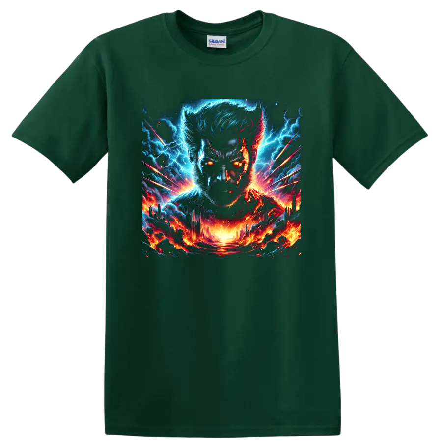 Wolverine portrait in electric lightning and fiery cosmic landscape graphic art on a Forest Green T Shirt