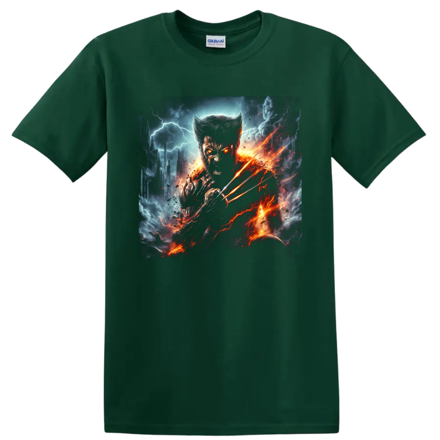 Wolverine Weapon X with extended claws in fiery lightning comic battle art on a Forest Green T Shirt