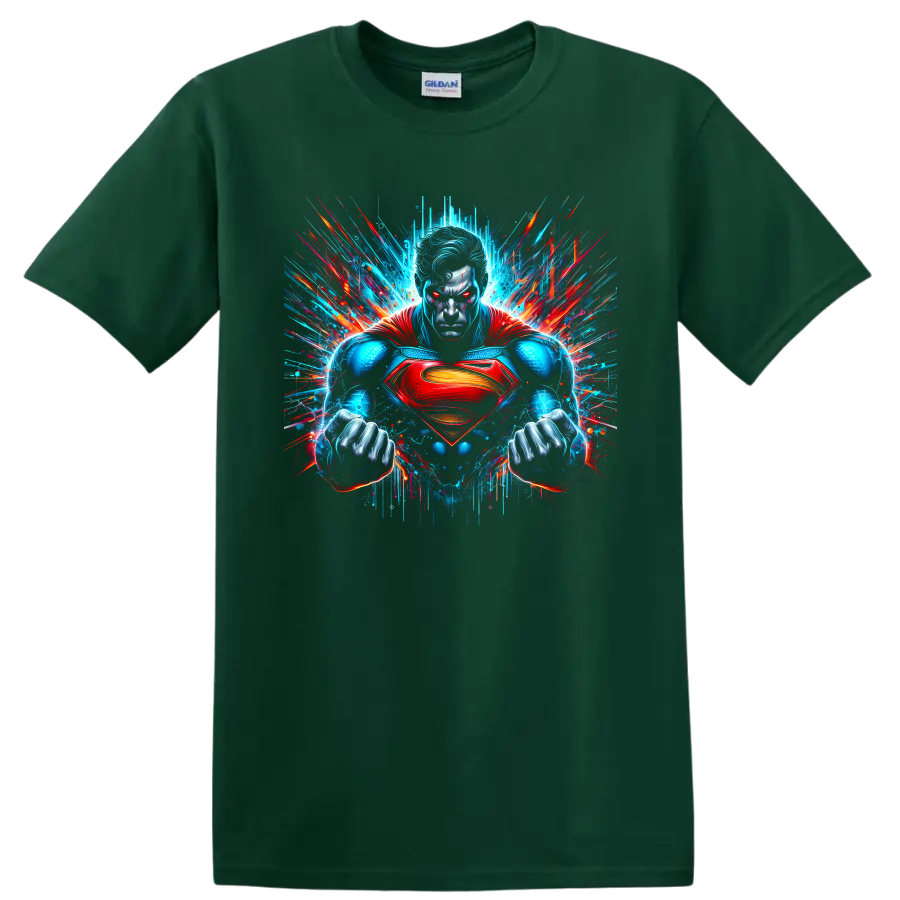 Superman in neon comic art with glowing eyes, red cape, chest shield, and paint bursts on a Forest Green T Shirt