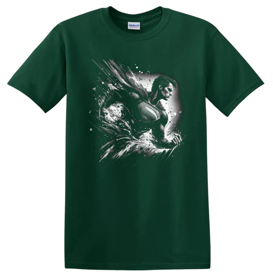 Superman in monochrome comic art with cosmic splashes and motion trails on a Forest Green T Shirt
