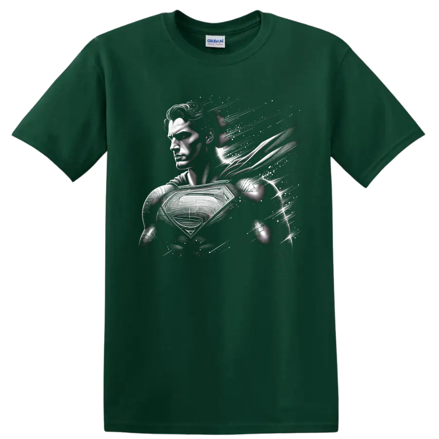 Superman monochrome abstract comic portrait with chest shield and pixel fragments on a Forest Green T Shirt