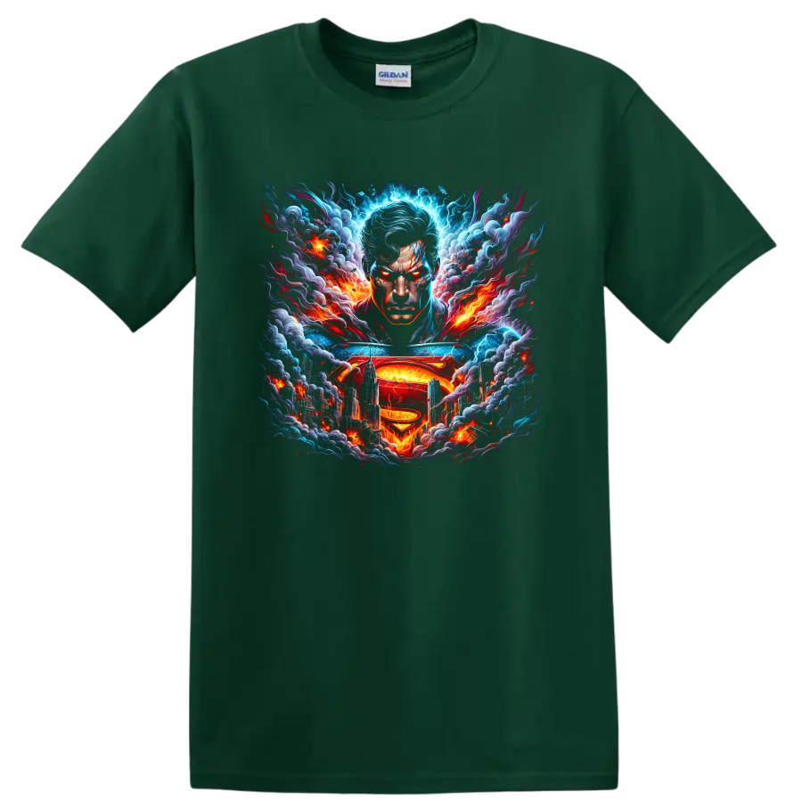 Superman portrait with S shield, lightning, flames, and futuristic city graphic art on a Forest Green T Shirt