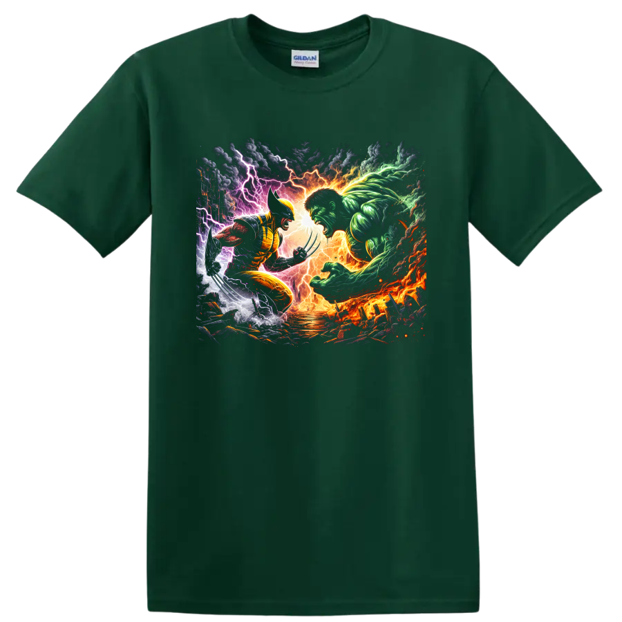 Wolverine vs Hulk comic art battle with claws, lightning, flames, and storm clouds on a Forest Green T Shirt