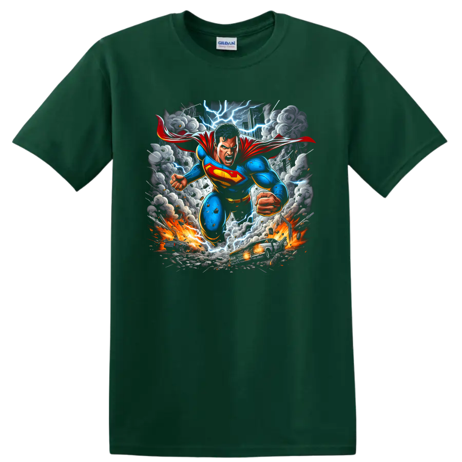 Superman charging through a lightning storm cityscape in dynamic comic art on a Forest Green T Shirt
