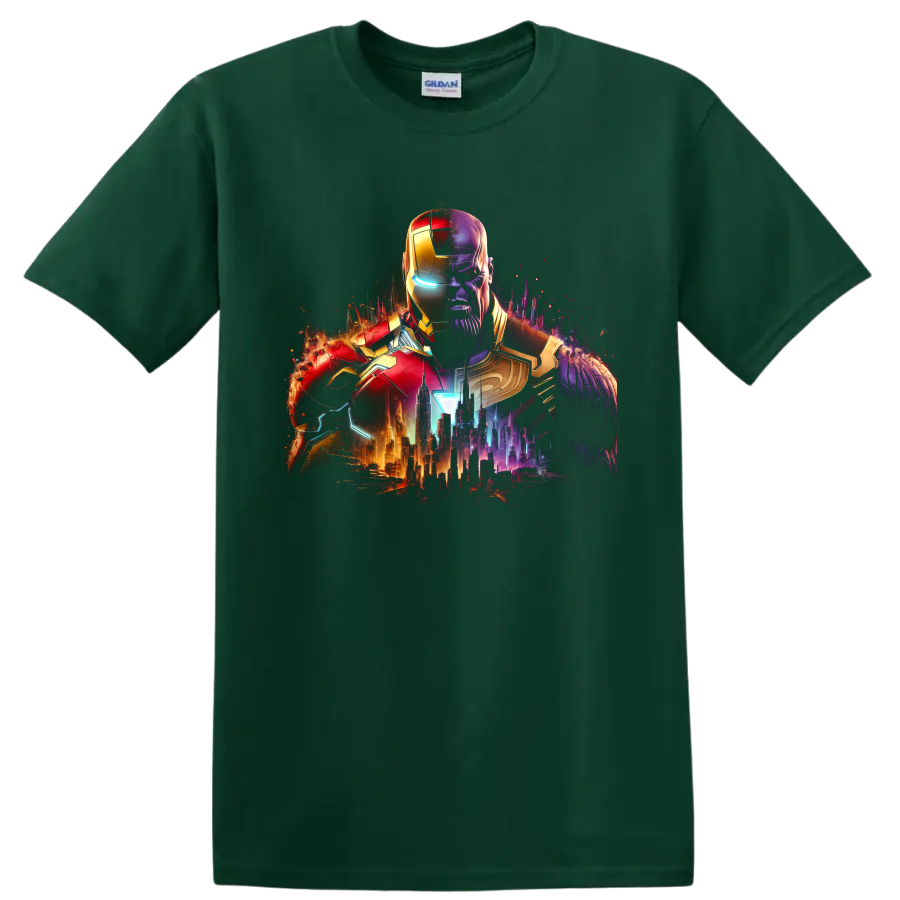 Iron Man and Thanos split armor portrait with neon futuristic city graphic on a Forest Green T Shirt