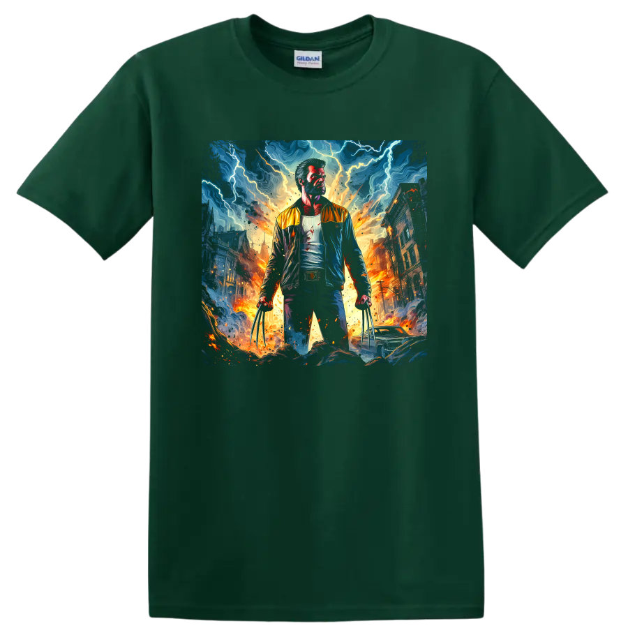 Wolverine with extended claws in a fiery stormy city battle graphic on a Forest Green T Shirt