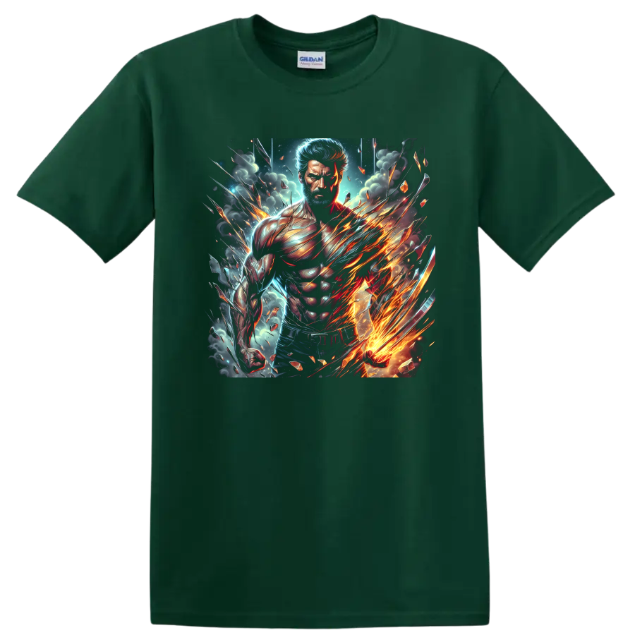 Wolverine fiery claw superhero warrior in explosive cosmic comic art on a Forest Green T Shirt