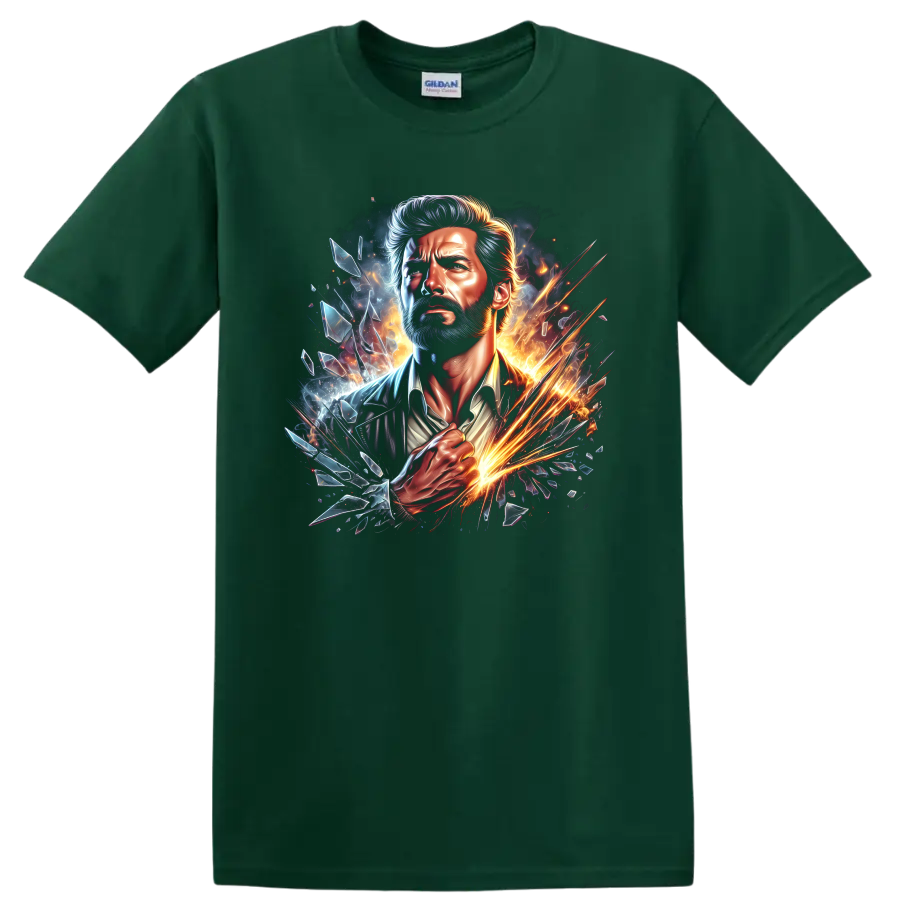 Old Man Logan Wolverine portrait with fiery sparks, blue energy, and shattered glass on a Forest Green T Shirt