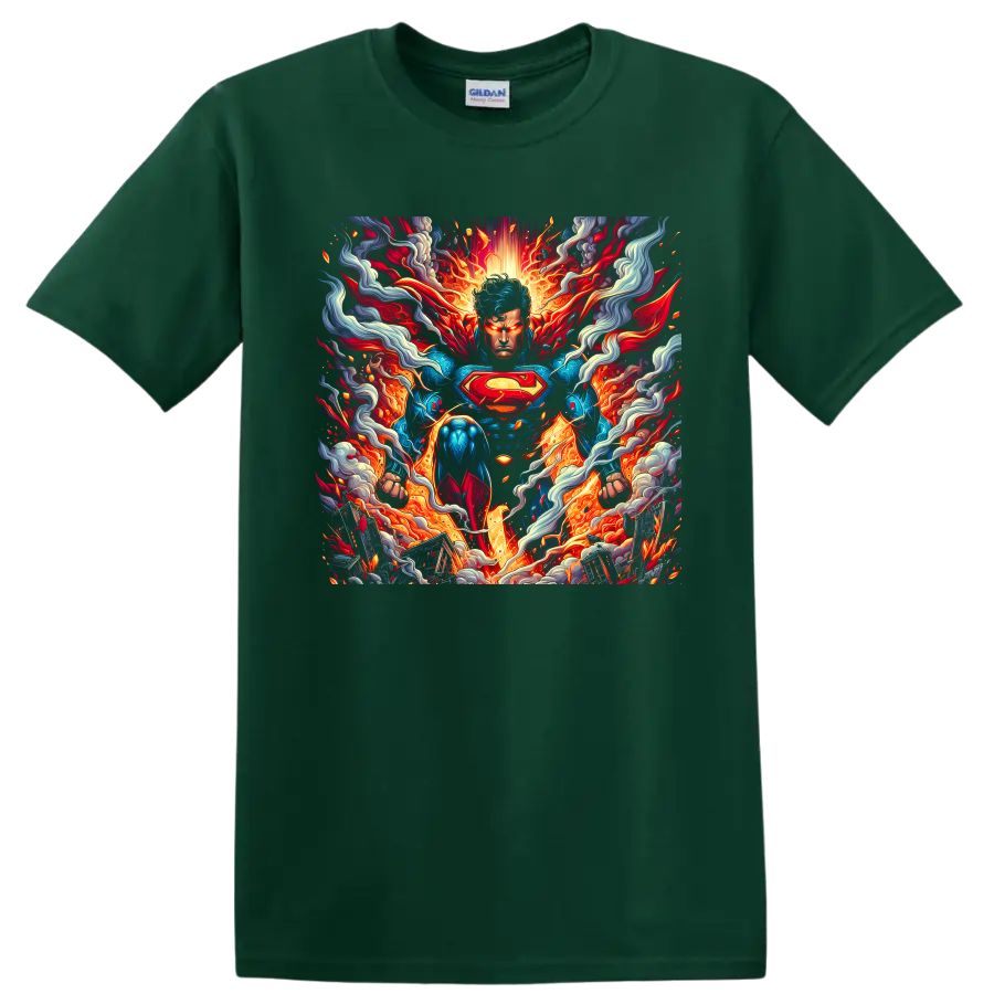 Superman fiery comic art graphic with red cape, chest emblem, smoke, and energy on a Forest Green T Shirt