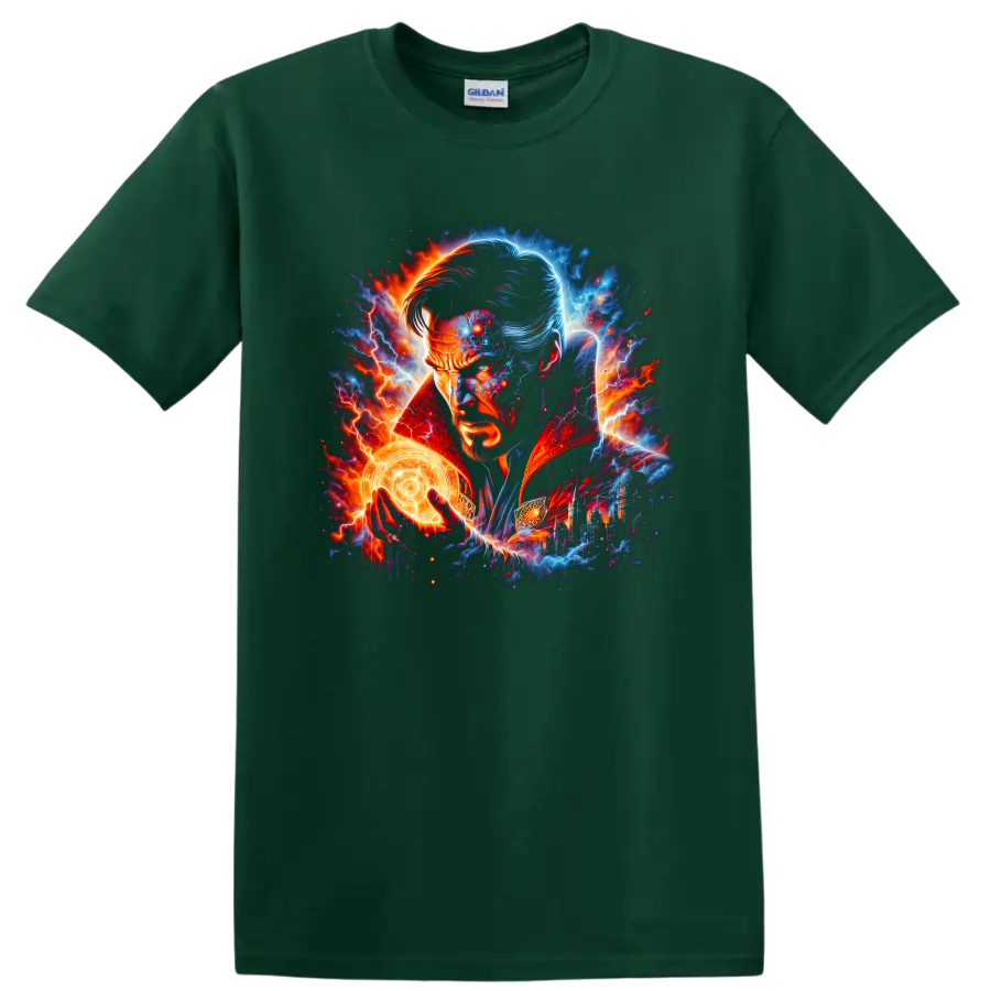 Doctor Strange portrait with glowing magic circle, lightning, and cosmic superhero art on a Forest Green T Shirt