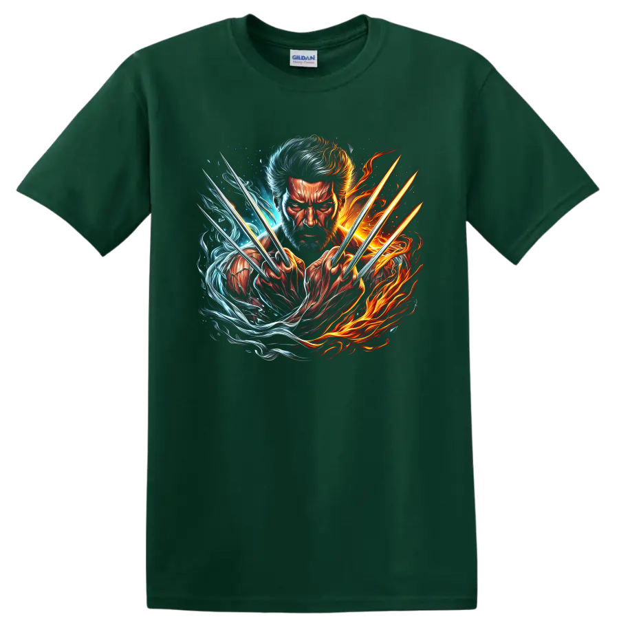 Wolverine Logan portrait with claws in fiery orange and icy blue comic art on a Forest Green T Shirt