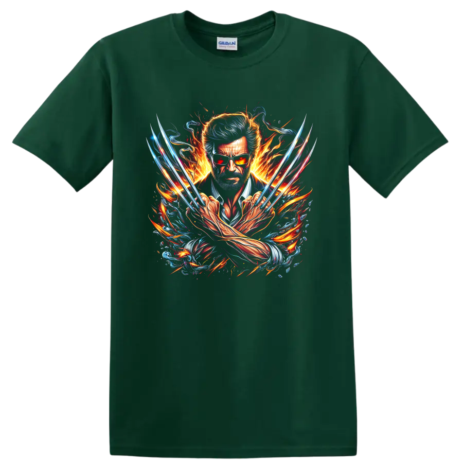 Wolverine Logan portrait with metal claws, flames, and blue comic-style energy on a Forest Green T Shirt