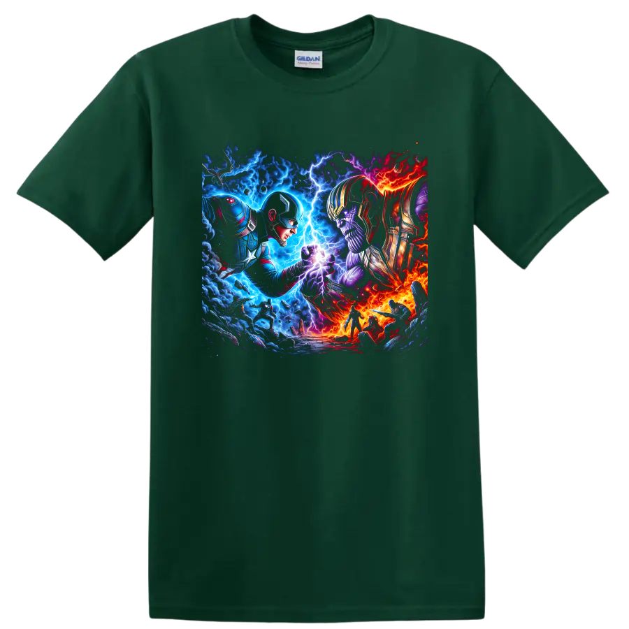 Captain America and Thanos in cosmic comic art battle with lightning and fire on a Forest Green T Shirt