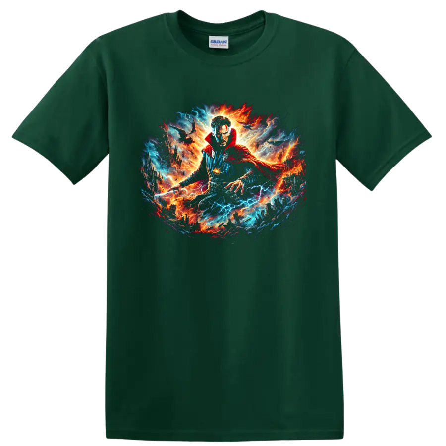 Doctor Strange cosmic fantasy art with lightning, fire, and futuristic city on a Forest Green T Shirt