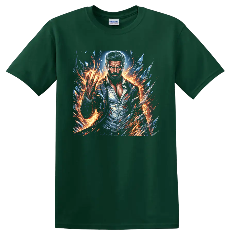 Wolverine portrait in fiery comic art with sparks and shattered crystal shards on a Forest Green T Shirt