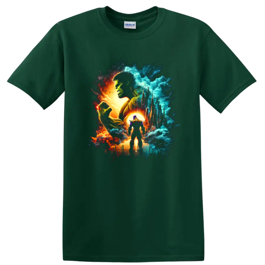 Thanos and Hulk cosmic battle illustration with futuristic cityscape on a Forest Green T Shirt