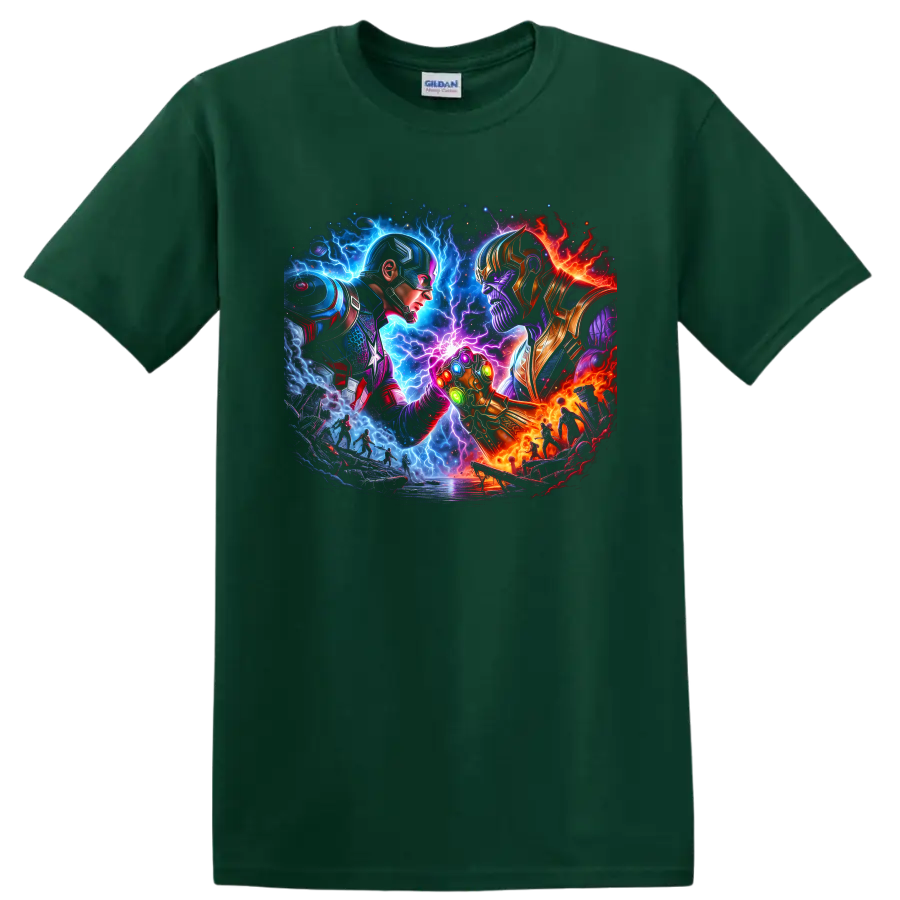 Captain America and Thanos cosmic battle art with a glowing jeweled gauntlet on a Forest Green T Shirt