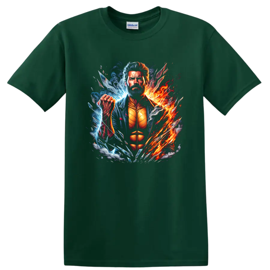 Wolverine superhero portrait with fire, ice energy, smoke, and shattered comic art on a Forest Green T Shirt